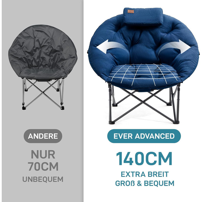 Крісло-місяць EVER ADVANCED Luxus XXL для кемпінгу, складне, до 150 кг, блакитне. З подушкою, для саду, балкону, приміщення.