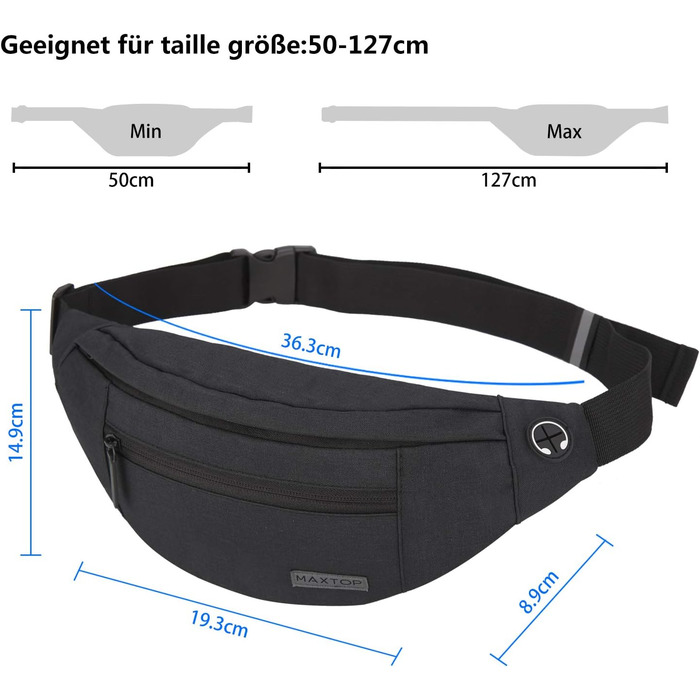 Чоловіча/Жіноча поясна сумка MAXTOP для активного відпочинку, спорт, подорожі (4 відділення, водонепроникна, чорна)