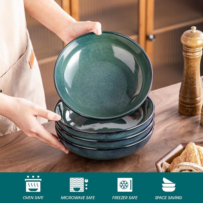 Набір тарілок для супу Vancasso Bonbon (6 шт.), супові миски з кераміки, 21,7 x 5,5 см, великі глибокі тарілки для пасти, локшини, рамен, салату, придатні для миття в посудомийній машині та використання в мікрохвильовій печі (зелені)