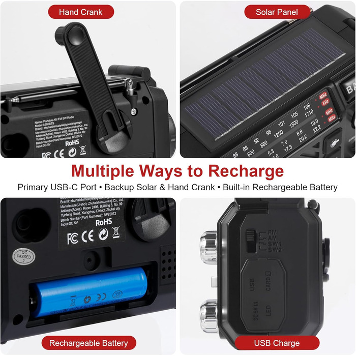 Радіо-приймач Kurbelradio з сонячною панеллю, Powerbank 2600mAh, AM/FM/SW, LED-ліхтарик та SOS-сигналом для надзвичайних ситуацій (Чорний)