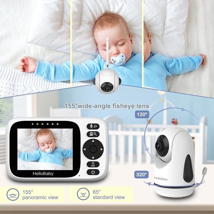 Дитячий відеоняня HelloBaby з камерою, поворотна, нахилена, з функцією зуму, 3.2'' IPS екран, 2-сторонній аудіо, інфрачервона нічна зйомка, ECO, без Wi-Fi, датчик температури, 8 колискових, HB6339