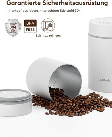 OUTPEAK 2025 Kilo Auto Вакуумна кавова банка 1,8L для 601.0 г кавових зерен з одним натисканням кнопки, нержавіючий контейнер з ложкою, свіжість на 6 місяців (Barista Champion's Choice) (1.8L-S/Steel-Pearl White)