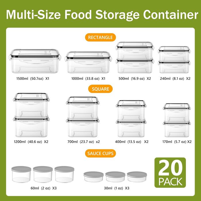 Набір контейнерів для зберігання продуктів 40 шт. з кришками, витіканнями, BPA-free, для кухні