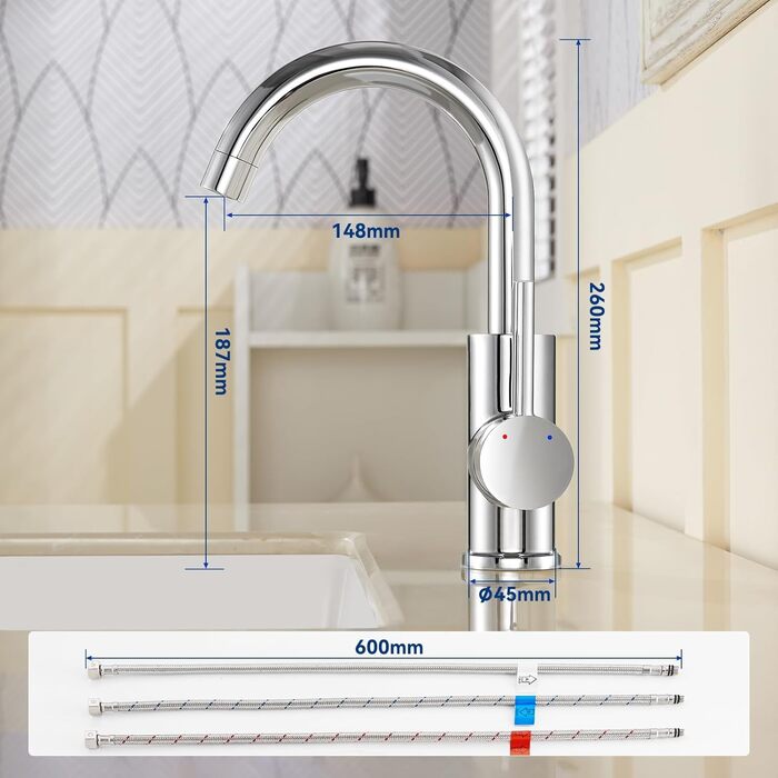 Кухонний змішувач Auralum для низького тиску, 360° обертання, 3 підключення, з міді з хромовим покриттям