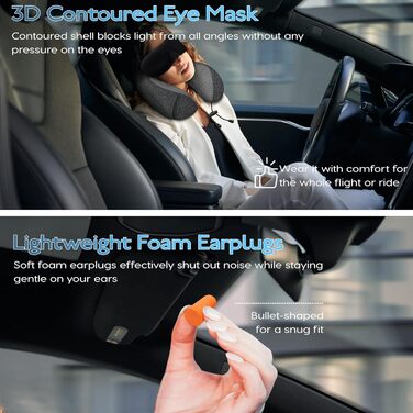 Подушка для шиї у літак - подушка для подорожей 100% Memory Foam - портативна подушка для літака - з 3D-маскою для сну та берушами - ідеальна для літака, авто, дому, офісу, подушка для сну (Сіра)