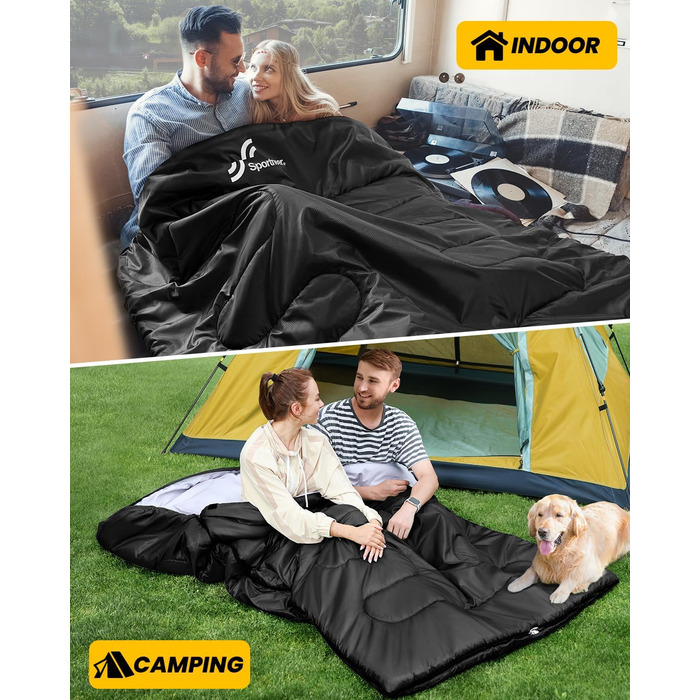 Сплячий мішок Outdoor Sportneer для 2 осіб, 220x150 см, 3.5 кг, з 2 подушками, 4 блискавки, дорослий, чорний