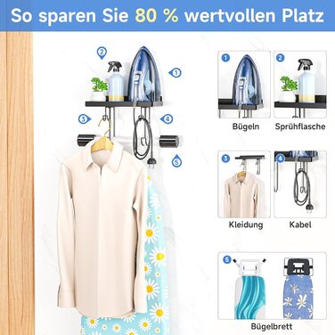 Настінна тримач для прасувальної дошки, праски та аксесуарів, чорний, металева стійка з великою полицею для прасування, Y/T-подібна форма
