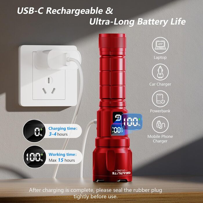 LED ліхтарик Gearlite, 6000 люмен, тактичний, з регулюванням фокусу, 3 режими, водонепроникний IP65, для кемпінгу, риболовлі, туризму, надзвичайних ситуацій (червоний, 1 шт.)