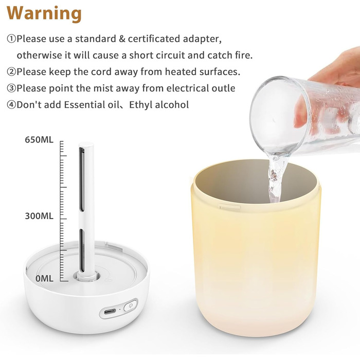 Зволожувач повітря для спальні та кімнати дитини, компактний, тихий, бездротовий, 650 мл, білий