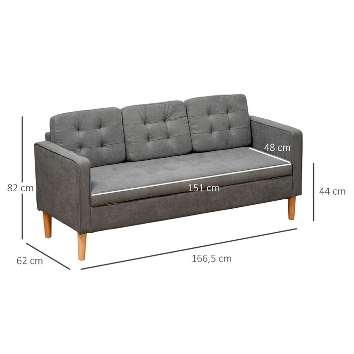 HOMCOM 3-Seater Sofa Fabric Sofa Loveseat Gray with Removable Cushions Made of Cotton and Rubberwood 166.5 x 62 x 82 cm