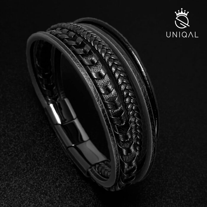 Чоловічий шкіряний браслет UNIQAL 'ARMARA' з нержавіючої сталі | Плетений браслет з натуральної шкіри | Магнітна застібка | Чорний, Коричневий | Унісекс | Подарунок | Етикетка | День народження (Чорний, 23 см)
