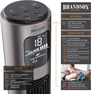 Вентилятор підлоговий Brandson з пультом дистанційного керування, 96 см, титаново-сірий. Обертання 60°, 3 швидкості, мобільний, колона