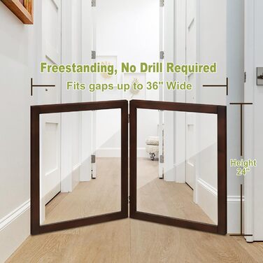 Дерев'яне перегороджувальне ґратка для собак, 4 панелі, широка, 76,2 см, складна, бар'єр для тварин, масивне дерево та сталевий дріт, захисне ґратка для дверей, коридорів, 30'Height-4 Panel (24'Height-2 Panel, Коричневий)