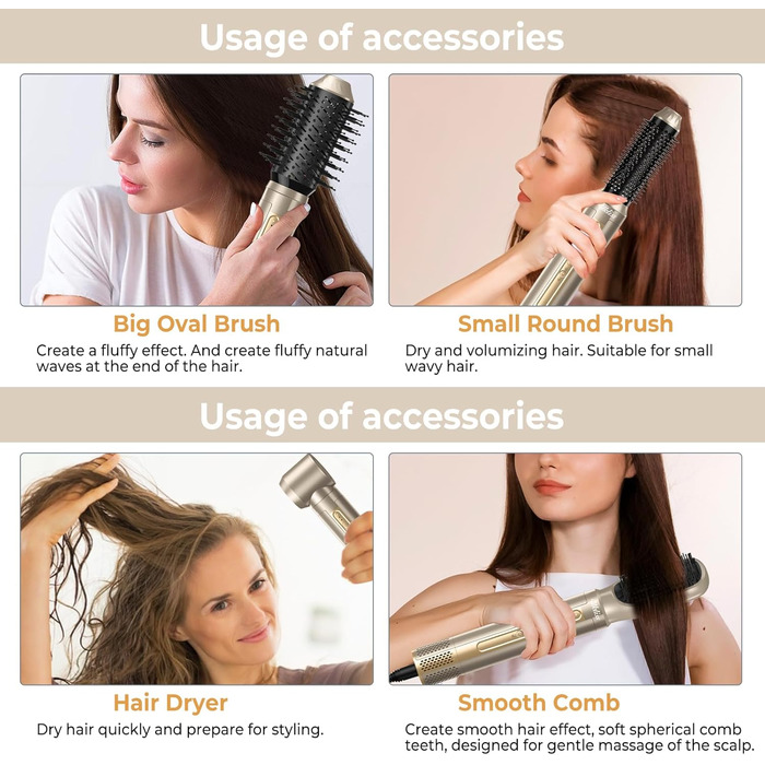 Набір для укладки волосся 6 в 1: стайлер, фен-щітка, плойка, термощітка, випрямляч, 110000 об/хв, для всіх типів волосся, золото