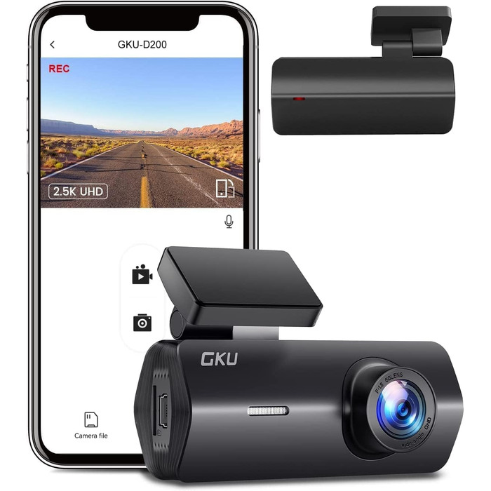 Відеореєстратор GKU Dashcam Auto: 2.5K, 1600P, WiFi, 170° Кут огляду, Mini, WDR, Нічне бачення, G-сенсор, Паркування, Loop, App, 256GB