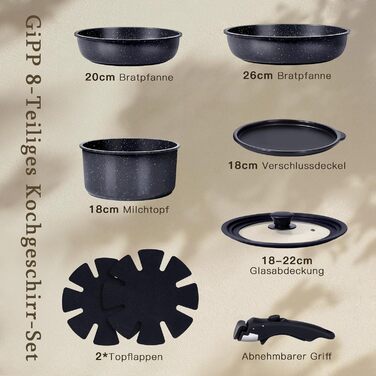 Набір посуду Induktion GiPP 8 предметів: сковороди, каструлі з кришками, антипригарне покриття, знімні ручки, чорний