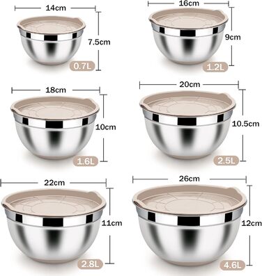 Homikit Mixing Bowl Set, Stainless Steel Bowl Salad Bowl 6-Piece Set with Airtight Lid & Khaki Silicone Bottom, Nesting, 4.6L/2.8L/2.5L/1.6L/1.2L/0.7L