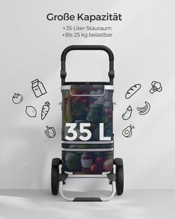SONGMICS Shopping Trolley, Cart, Shopping Cart with Cooler Compartment, Large, 35 Liter, Foldable, Shopping Bag with Wheels, Detachable Bag, KST03BK (Blue)