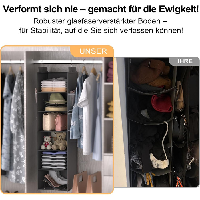 Організатор для шафи Extra Tief – 4 кишеньки з сітки, органайзер для шафи, настінний органайзер, стабільний та економний, ідеальний для гуртожитку та автодому (Сірий, 6-ярусний)