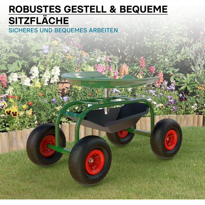 Wiltec Garden Wagon with Storage Area up to 150kg, Garden Chairs with Tires, Garden Trolley for Gardening, Workshop Wagon, Mobile Work Cart, Garden Seat, Mobile