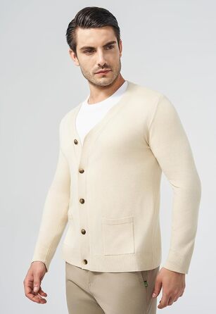 Чоловічий светр з V-подібним вирізом KUYIGO, в'язаний, з ґудзиками, з кишенями, легкий, м'який, apricot (3XL, XL)