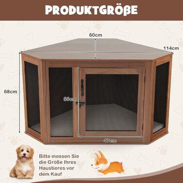 Будка для собак COSTWAY кутова, переноска з дверцятами та подушкою, крізь для домашніх тварин у стилі меблів для маленьких собак та котів, клітка для тварин, будка для собак, будинку для тварин, коричнева, 114 x 60 x 68 см