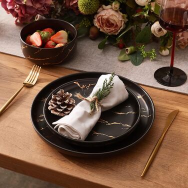 Набір посуду White Gold Splash, 12 предметів: тарілки та миски, чорний, преміум-посуд для 4 осіб, кераміка