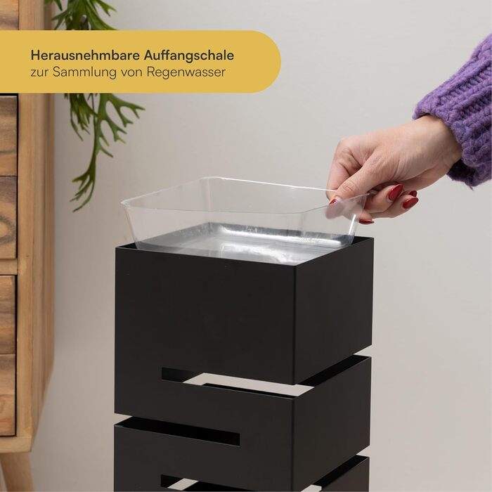 Підставка для парасольки Baroni Home з сучасним дизайном, метал, геометрія, з гачками та знімним піддоном, чорний, 15,5x15x49 см