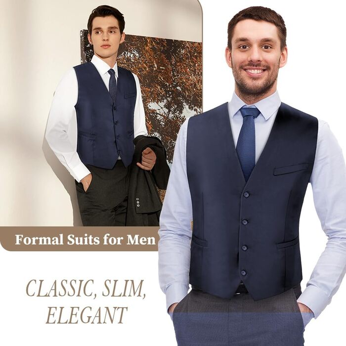 Чоловіча жилетка Casual Anzugweste Regular з кишенями, V-подібний виріз, повномірна жилетка, однотонна, вінтажна, готична, костюмна, для формальних заходів, весілля, ді-джеїв, бізнес-жилетка, темно-синій, XL