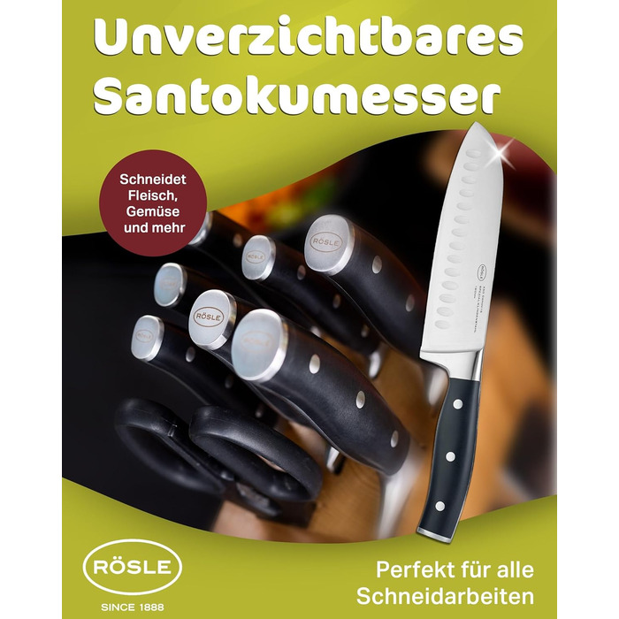 Кухонний ніж RÖSLE Santoku 17,5 см з куленшліфом, ергономічна ручка, для м'яса, риби та овочів, японська форма леза, преміум якість