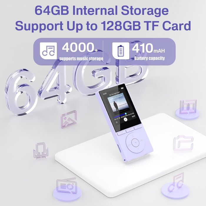 MP3 плеєр 64GB Bluetooth 5.3 з динаміком, записом голосу, E-book, HiFi звук, фіолетовий. Підтримка TF карти 128GB для спорту