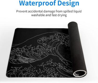 Килимок для миші з морізькою хвилею Японії, великий ігровий килимок, подовжений килимок для столу Канагава, товщина 3 мм, антиковзаюча гумова основа, 80 x 30 см. Чорна хвиля Канагави
