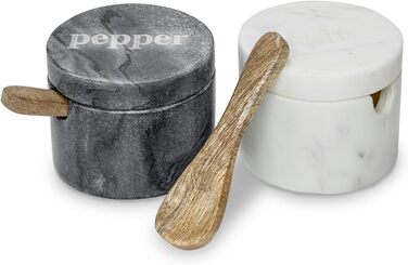 Birsppy Fair Trade Kitchen Utensils Salt and Pepper Shaker Set Marble with Spoon and Lid Salt Pot Stone