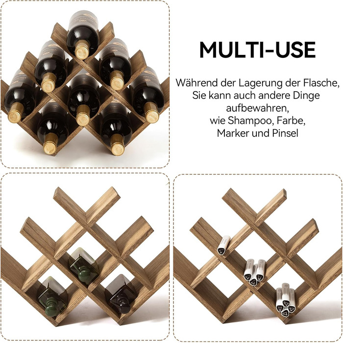 KIRIGEN Wooden 8-Bottle Wine Rack, 3-Tier Wooden Wine Display Rack, Stand and Countertop Wine Storage Rack, Bottle Holder & Glass Shelf for Cabinet. Yellow-Brown