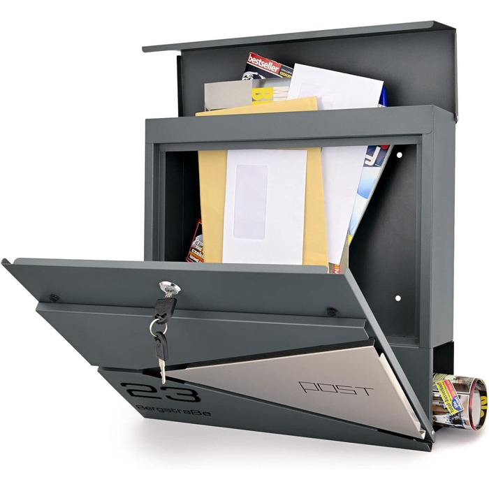 Поштова скринька Verda з газетницею, нержавіюча сталь, антрацит, 2 ключі - дизайнерська настінна скринька з прихованим замком