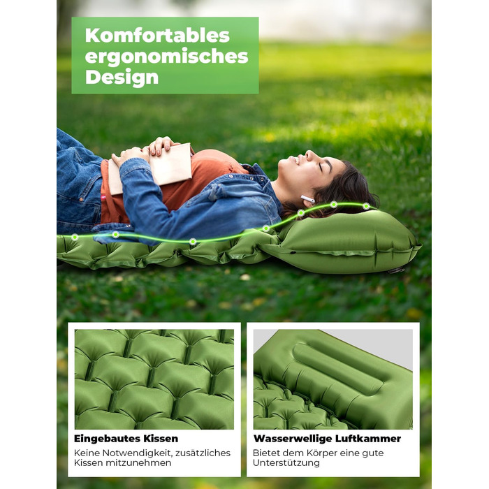 Glymnis Isomatte Camping Air Mattress - 9cm Thick with Foot Pump & Pillow - Ultralight Outdoor Sleeping Pad for Camping, Hiking & Travel - Army Green
