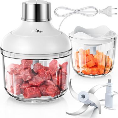 Електричний міні-чопер Bear 0.6L+2L: подрібнювач/м'ясорубка з 4-ма лезами з нержавіючої сталі, скляний контейнер для м'яса, дитячого харчування, фруктів та овочів