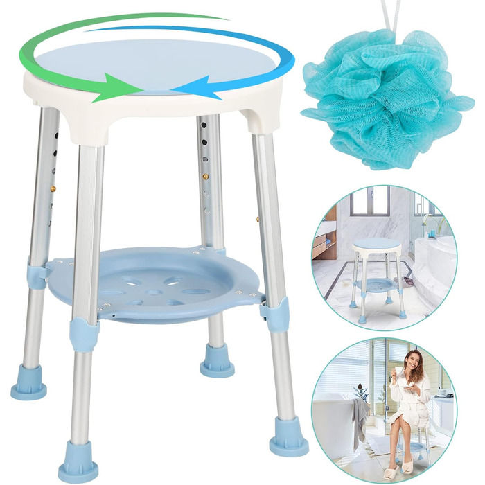 Ansobea Shower Stool for Seniors, Bath Stool, 7-Level Height Adjustable, 41-56 cm, Shower Chair with U-Shaped Hygiene Cutout, Bathroom Stool, Stable for the Shower (Type 2 - with Shower Ball)