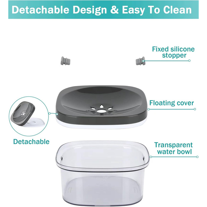 Миска для собак PETTOM 2L без розбризкування, велика сіра, з анти-розливним механізмом