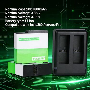 2 батареї Insta360 2800mAh з зарядним пристроєм USB-C, сумісні з Insta360 Action Camera, включаючи Micro SD картки (ACE)