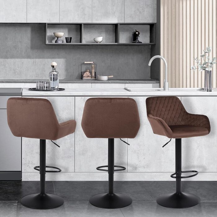 Ralex Adjustable Swivel Bar Stools 2-Pack - Velvet Upholstered Counter Height Stools with Backrest & Armrests for Kitchen, Bar & Countertops (Brown)