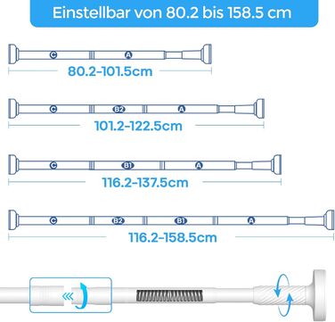 Штанга для карнизів AIZESI без свердління, 100-230 см, Ø 25 мм, телескопічна, для кріплення - регульована штанга для вікон, душу, балкону (білий, 81-158 см)