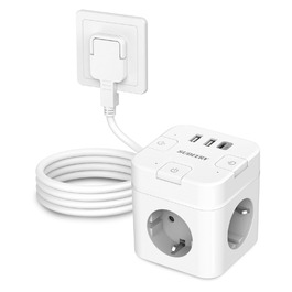 Багатофункціональний розподільник розеток 6 в 1 з USB-C, 3 розетки, плоский штекер, індивідуальне вмикання, кабель 2м, 1 USB-C, для офісу, дому, подорожей (білий)