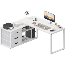 TriumphKey L-Shaped Desk with 3 Drawers & Storage, 140 x 105 x 75 cm - Reversible Corner Desk with USB Charging Ports & Power Outlets, White