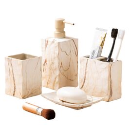 Набір аксесуарів для ванної кімнати керамічний 4 предмети в ретро стилі, коричневий мармур - мильниця, дозатор для мила, стаканчик для зубних щіток