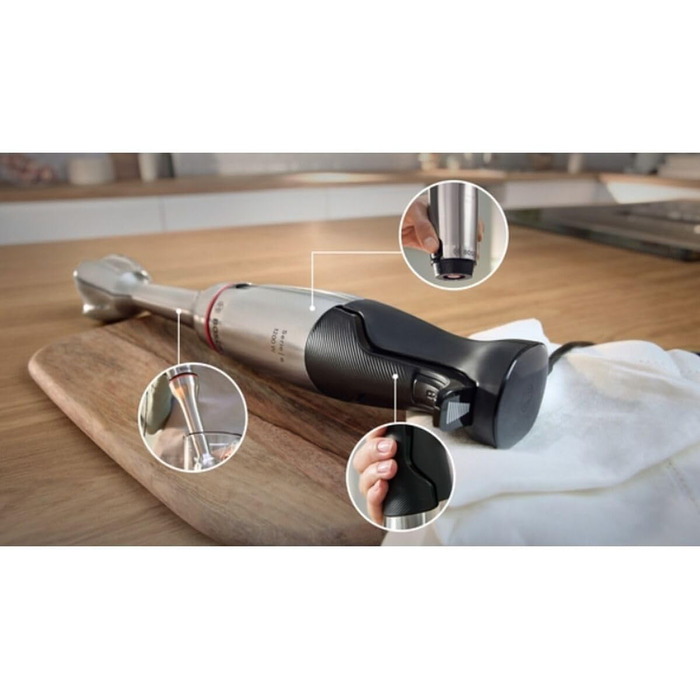 Блендер ручний Bosch ErgoMaster Serie 6 MSM6M820, 1200 Вт, 4 леза з нержавіючої сталі, керамічна муфта, повітряне охолодження, мірний стакан, подрібнювач, гарантія 10 років на мотор