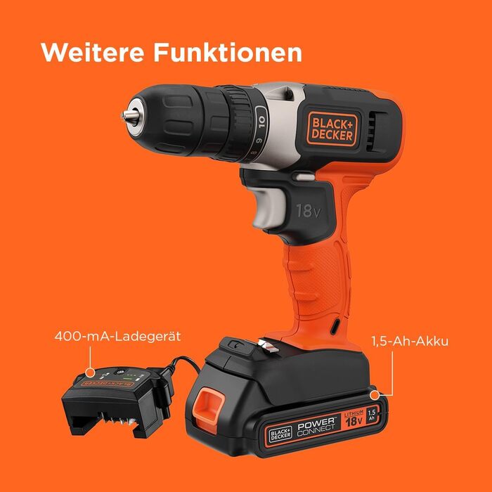 Акумуляторний дриль-шуруповерт BLACK+DECKER BCD001C1-QW (18V, 1.5 Ah, 10 мм) з акумулятором та зарядним пристроєм