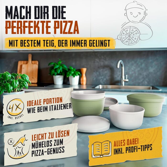 LOEWERK Pizza Ball Box with Lid – 4-Piece Set – Breathable Dough Box for Perfect Pizza Dough - Space-Saving Silicone Pizza Dough Box with Lid, Pizza Box, Pizza Ball Box, Proofing Box – Olive/Gray