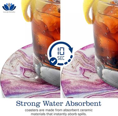 Guruji Divinity Absorbent Ceramic Stone Coasters, Set of 6, with Cork Bottom, Fun Drink Coasters with Holder for Cold Drinks, Wine Glasses and Cups, Table Protection, 4 inches (purple)