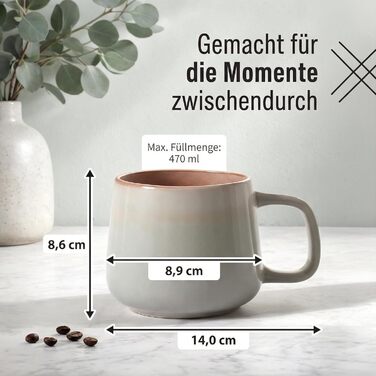 Набір керамічних кавових чашок 4 шт, 470 мл – чашки з фаянсу у скандинавському стилі – великі кавові чашки, чашки для чаю та напоїв – для кави та чаю – підходять для мікрохвильової печі та миття в посудомийній машині, сірий колір